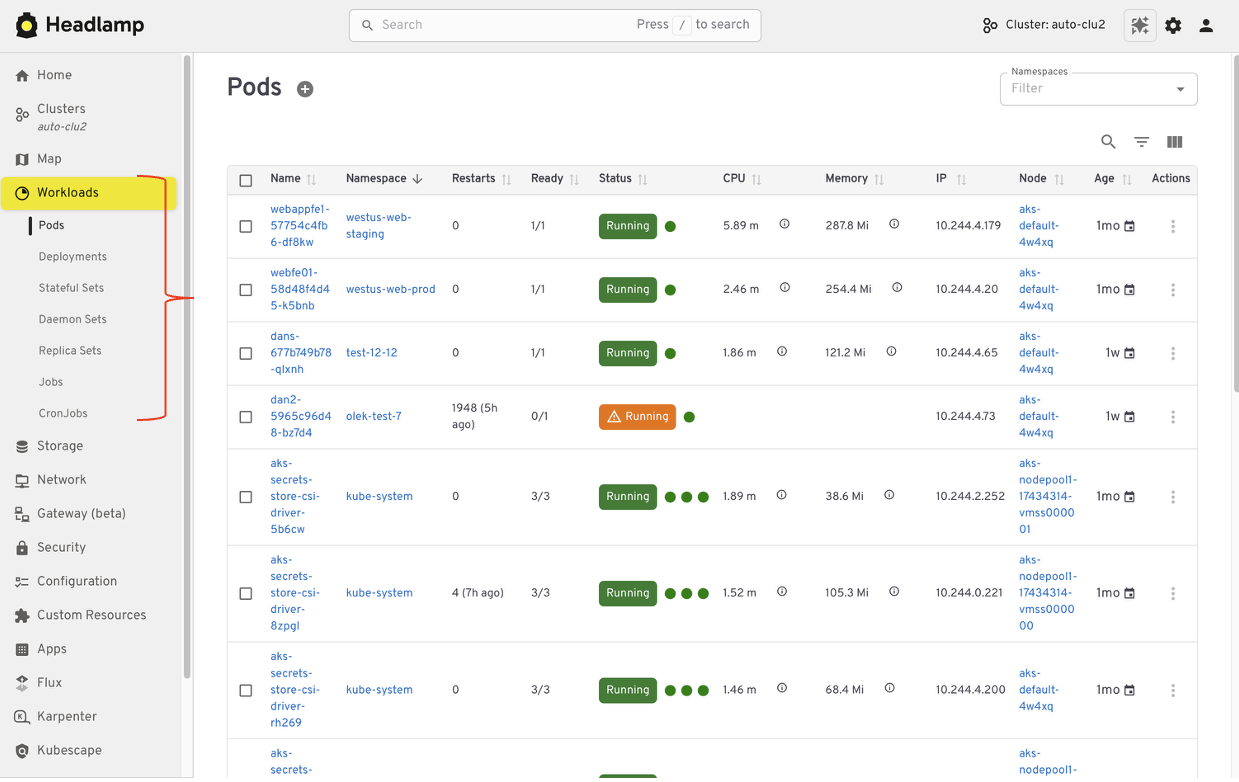Viewing Kubernetes workloads and resources in the Headlamp interface