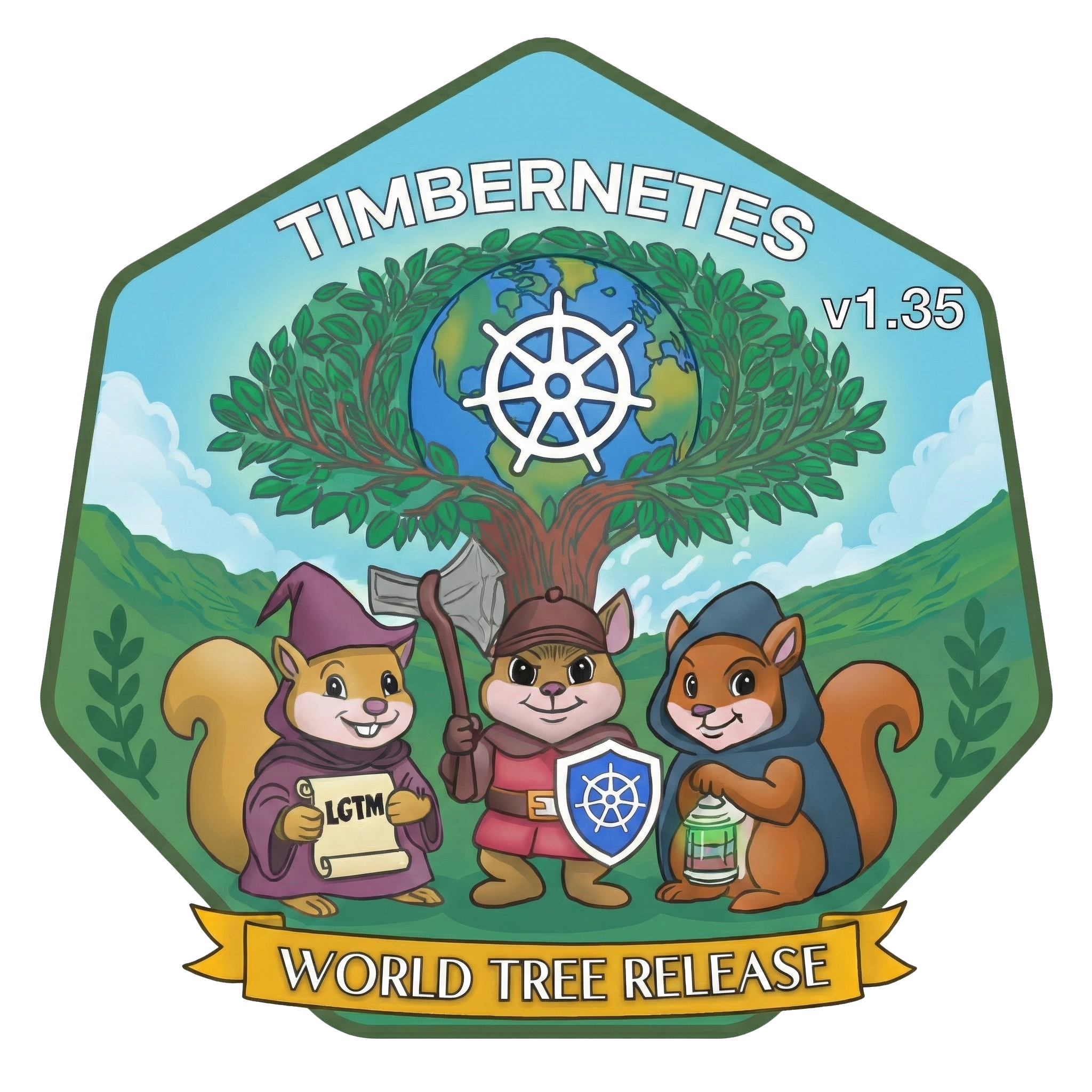 Kubernetes v1.35 Timbernetes 徽标：世界树与三只松鼠。